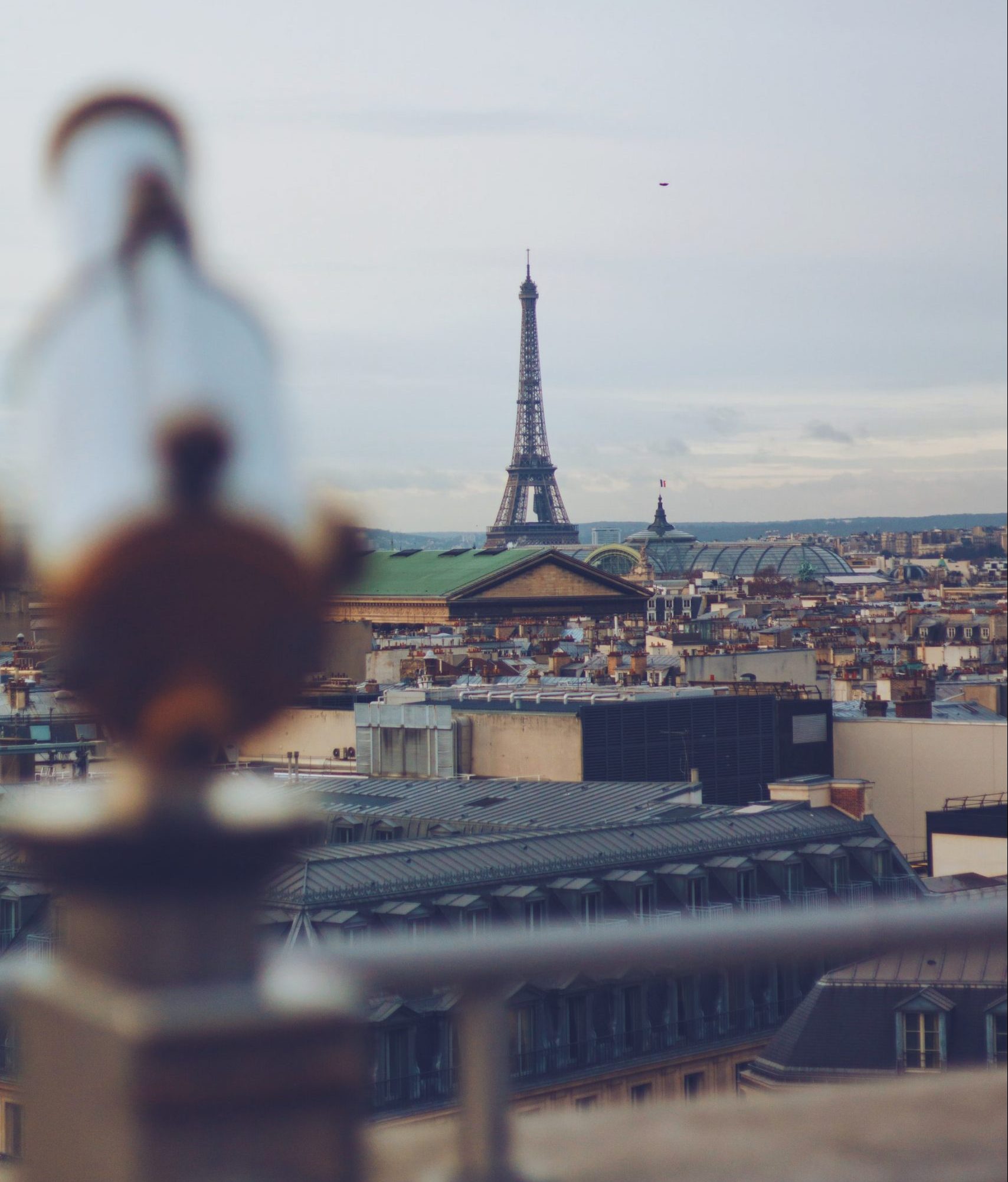 Lookout from the roof of the Galeries Lafayette mall in Paris with Eiffel Tower in distance