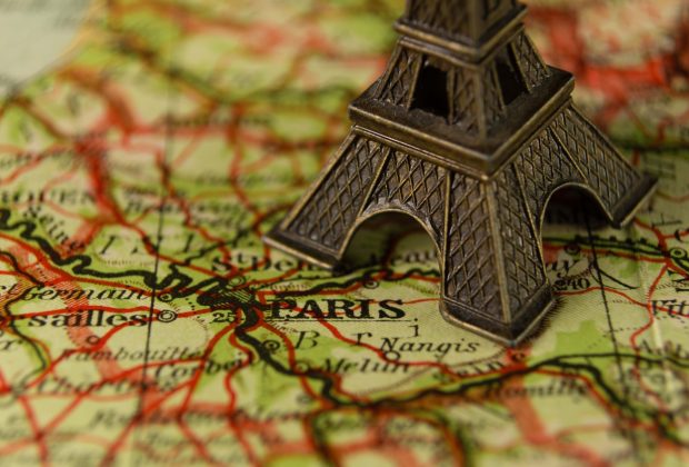 Eiffel Tower souvenir on map of Paris