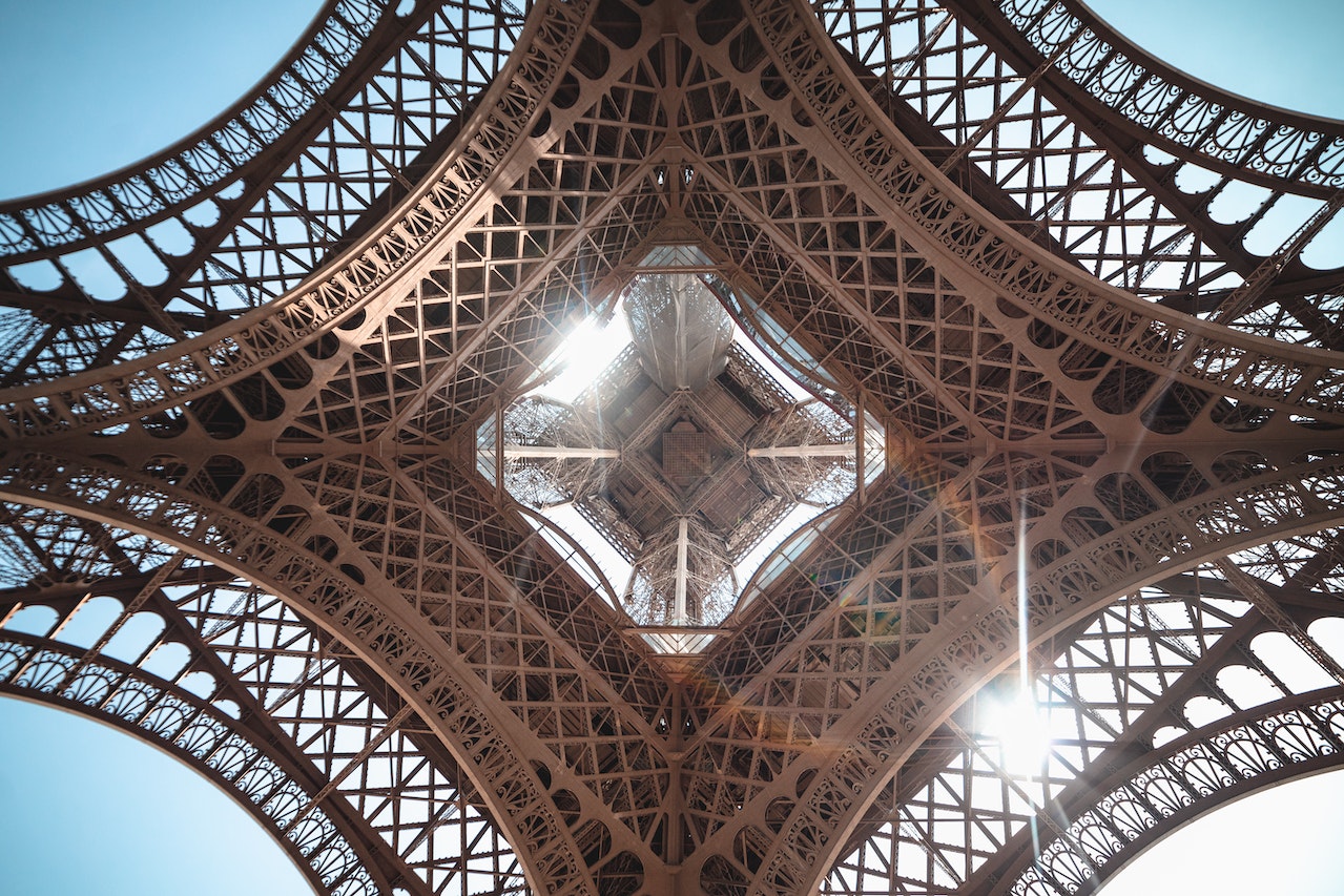 Looking up through the Eiffel Tower