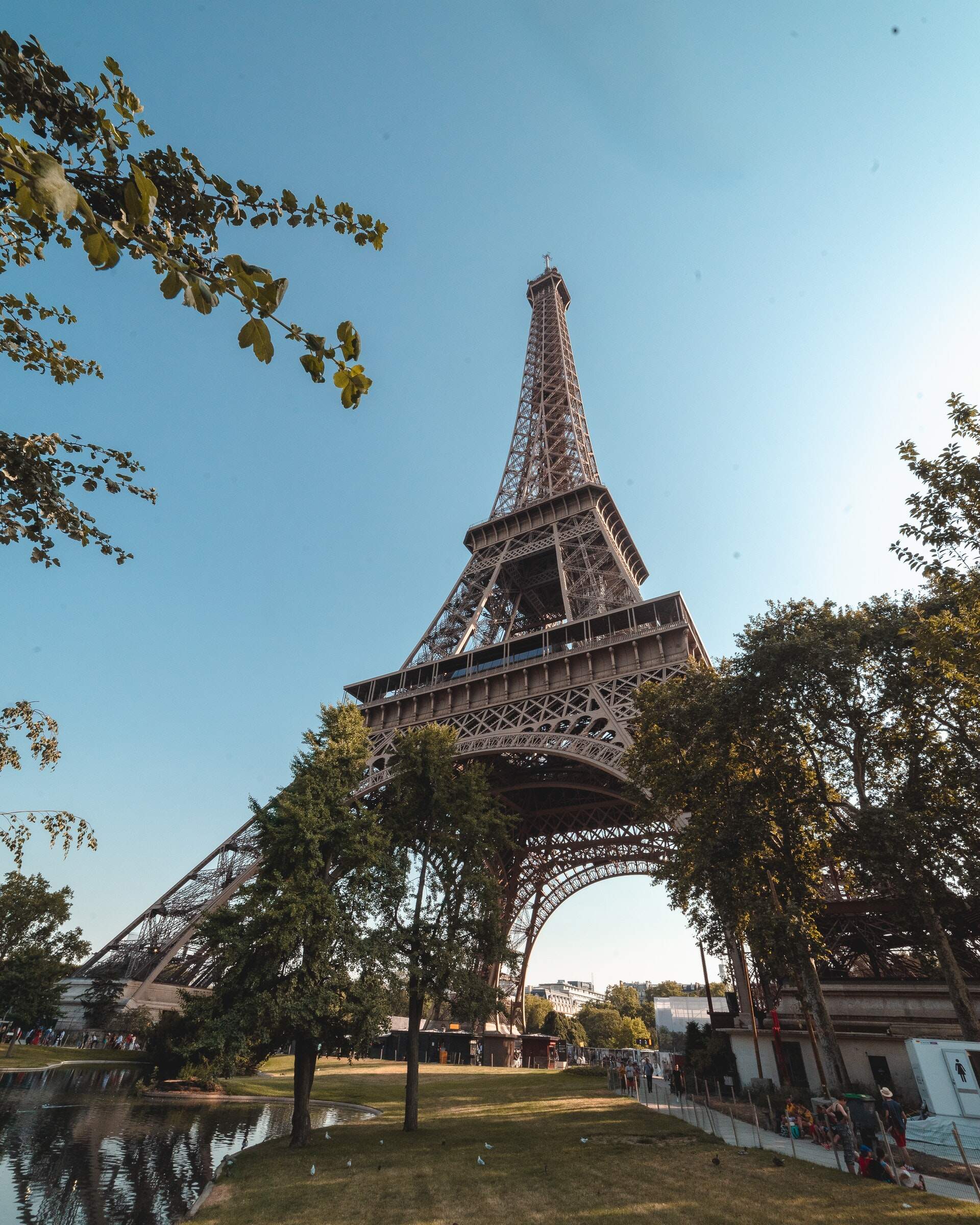 Eiffel Tower from below on clear sunny day